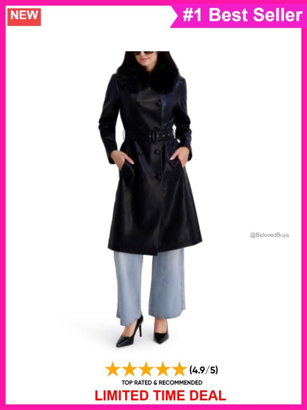 Faux Leather Faux Fur Belted Trench Coat Notched Collar